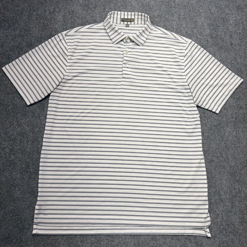 Peter Millar Summer Comfort Polo Men's L White Navy Stripe Golf Shirt
